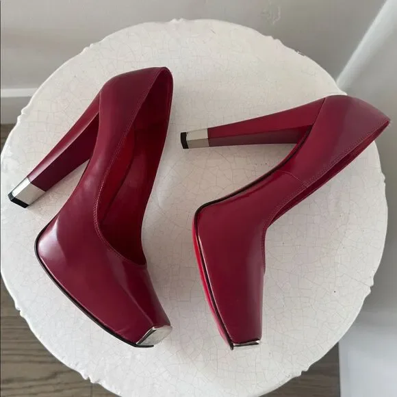 Gianmarco Lorenzi Bold Leather Red Heels Platform Square Toe Red Outsole Size 36 - Picture 5 of 14